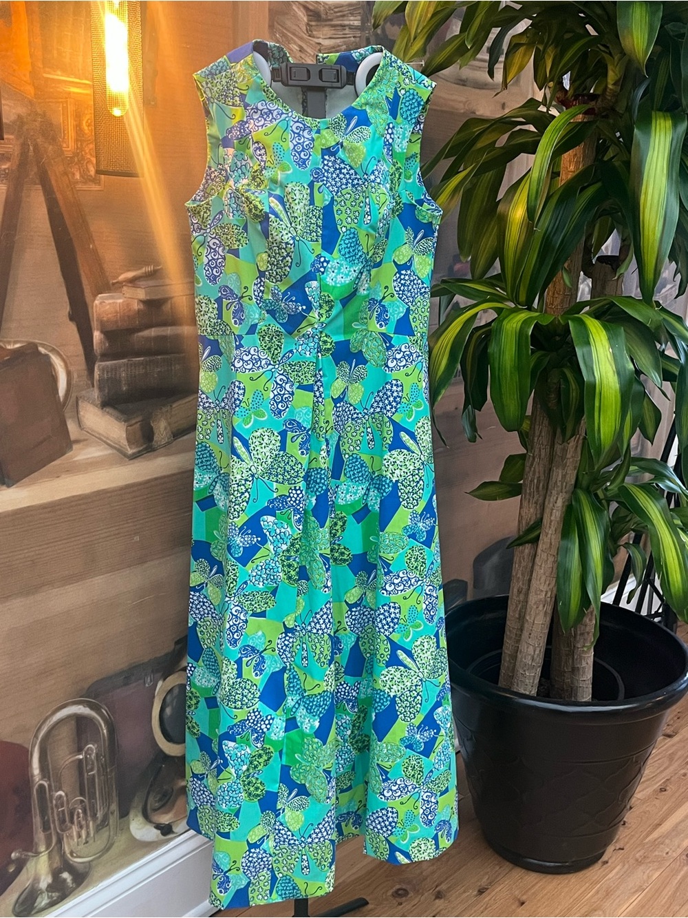 1970’s Sleeveless Green & Blue Floral A-Line Dress butterfly print S/M